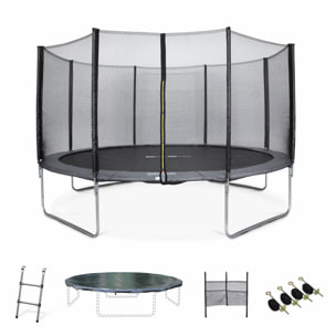 Trampoline 430cm gris avec filet de protection.  échelle. bâche. filet pour chaussures. kit d'ancrage - Vénus XXL- Trampoline de jardin 430 cm 4m| Qualité PRO|Normes EU