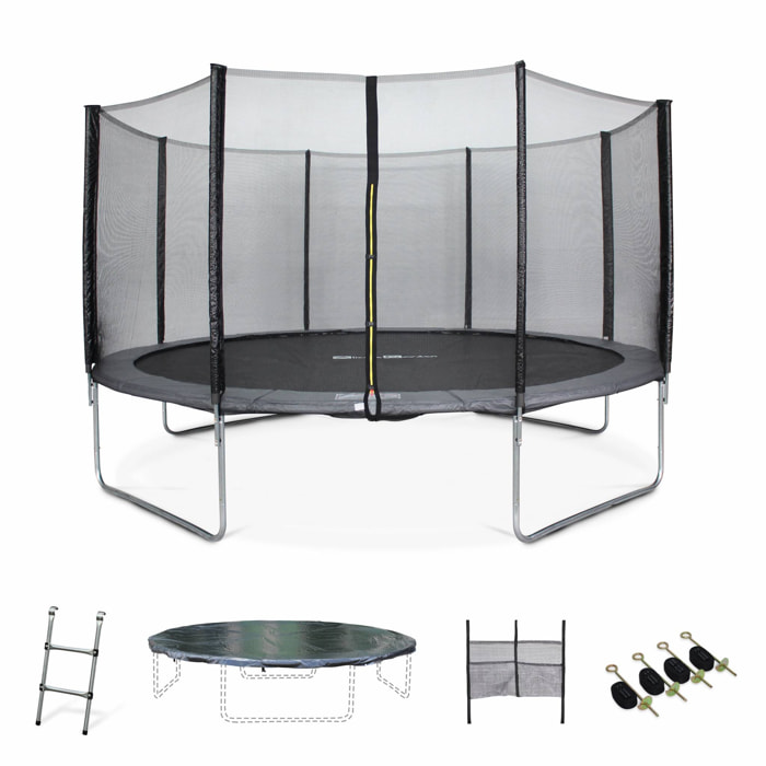 Trampoline 430cm gris avec filet de protection.  échelle. bâche. filet pour chaussures. kit d'ancrage - Vénus XXL- Trampoline de jardin 430 cm 4m| Qualité PRO|Normes EU
