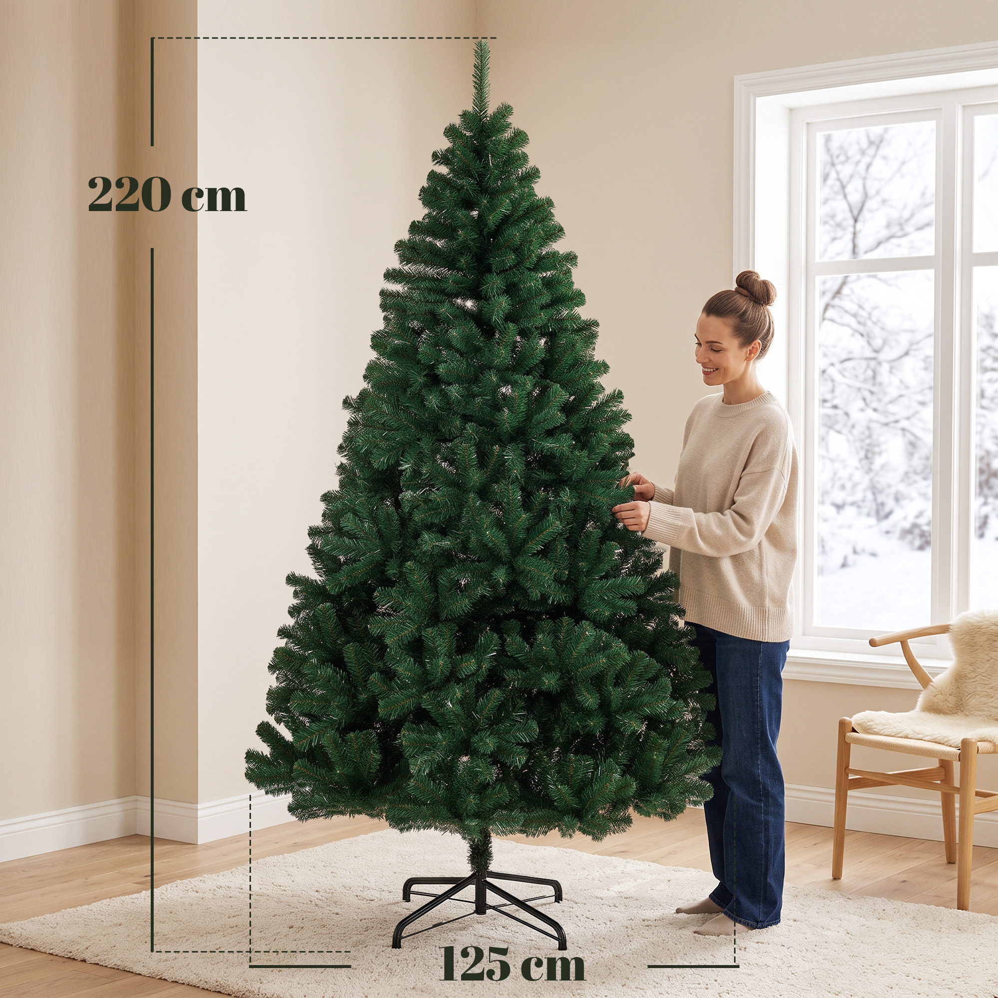 Árbol de Navidad Artificial de 230 cm, Árbol de Navidad de Abeto con Ramas Articuladas, 1300 Puntas de PVC Ignífugo, Montaje Rápido, Soporte de Acero Plegable, Verde
