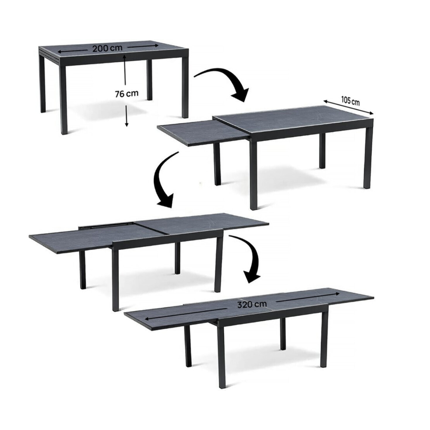 Table extensible et chaises de jardin en aluminium "Lagos" - 200/320 x 105 x 76 cm - 10 places - Gris foncé