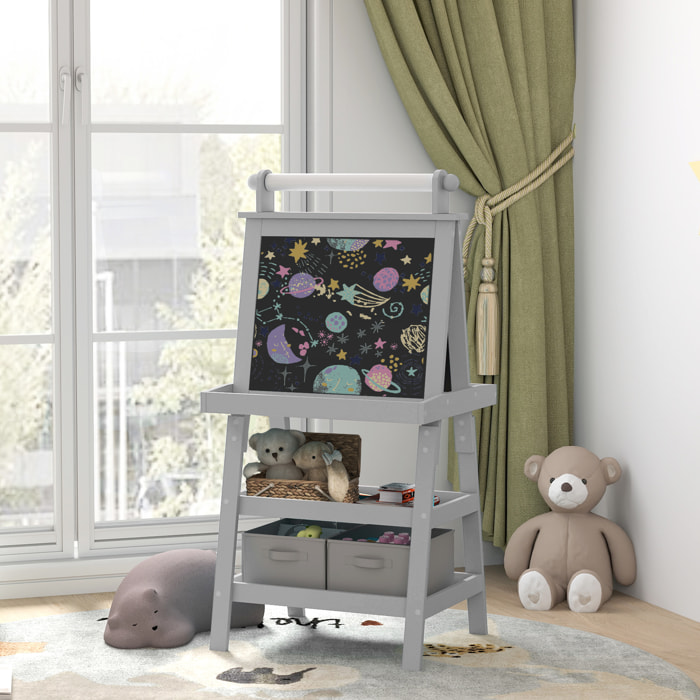 Tableau chevalet enfant 3 en 1 tableau double face enfant avec tableau blanc magnétique tableau à craie rangements bois gris