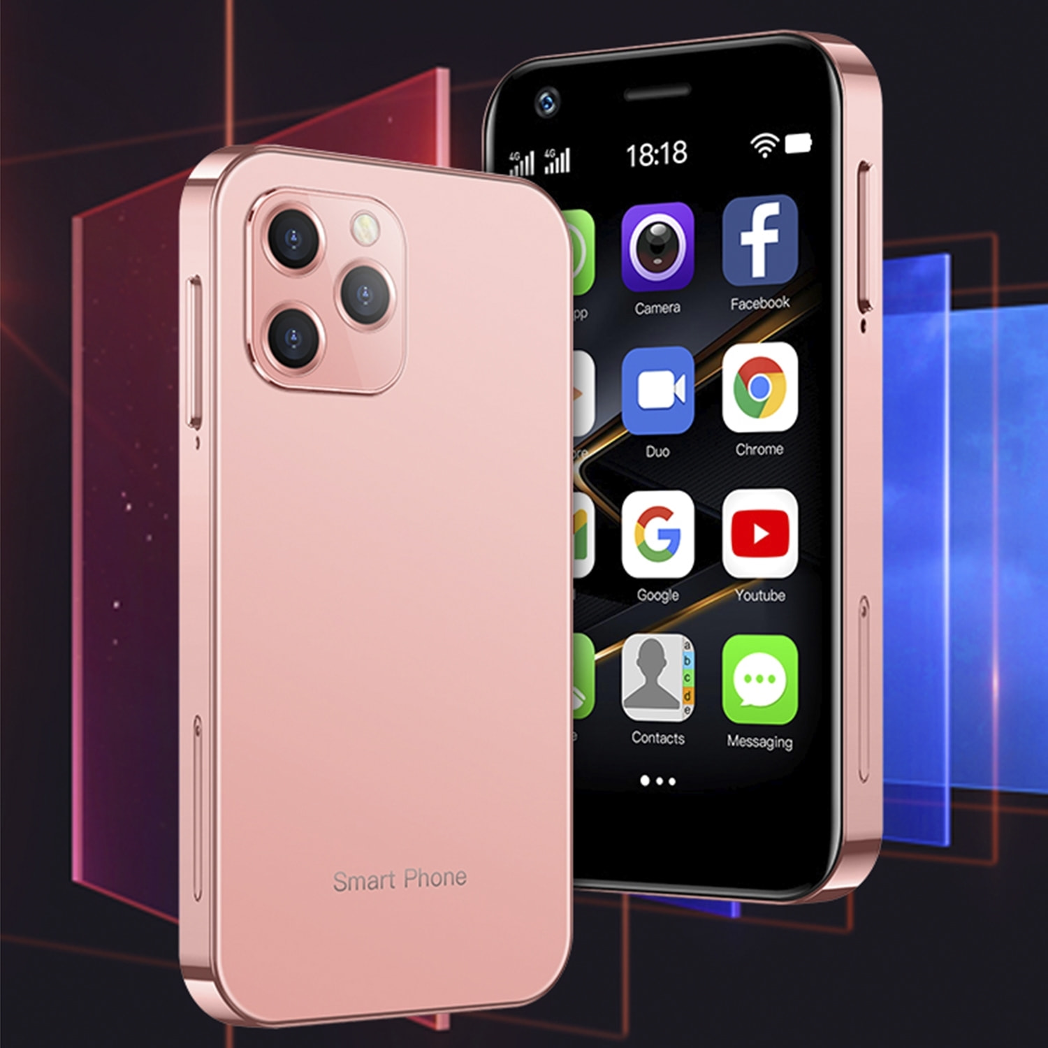 DAM Smartphone  Mini XS12 4G, Android, 4GB RAM + 64GB. Schermo da 3''. Doppia scheda SIM. 4,5x1,1x8,9 cm. Colore rosa