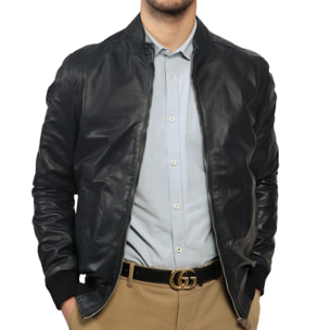 Giubbino in vera pelle di vitello Blu-Slim Fit