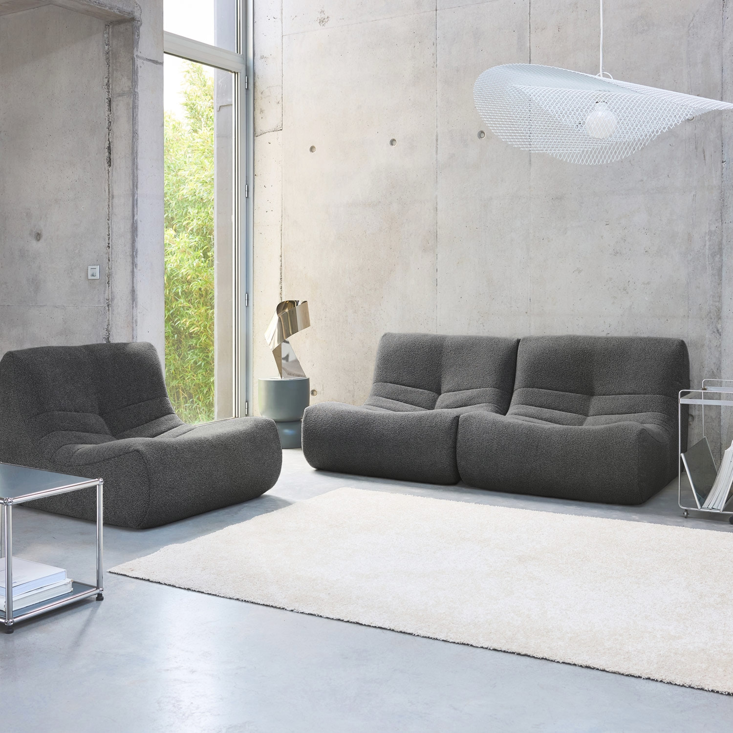 Lot de 3 fauteuils chauffeuses en bouclette texturée anthracite style contemporain 1 place