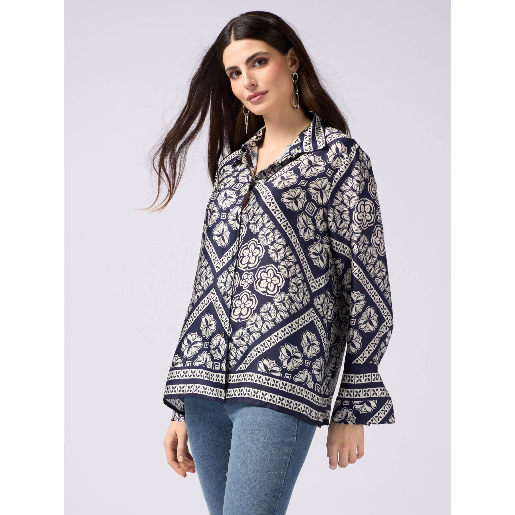 Oltre - Camicia in raso fantasia - Blu