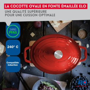 Cocotte ovale en fonte émaillée 33 cm de long rouge cerise 4,9 L Elo