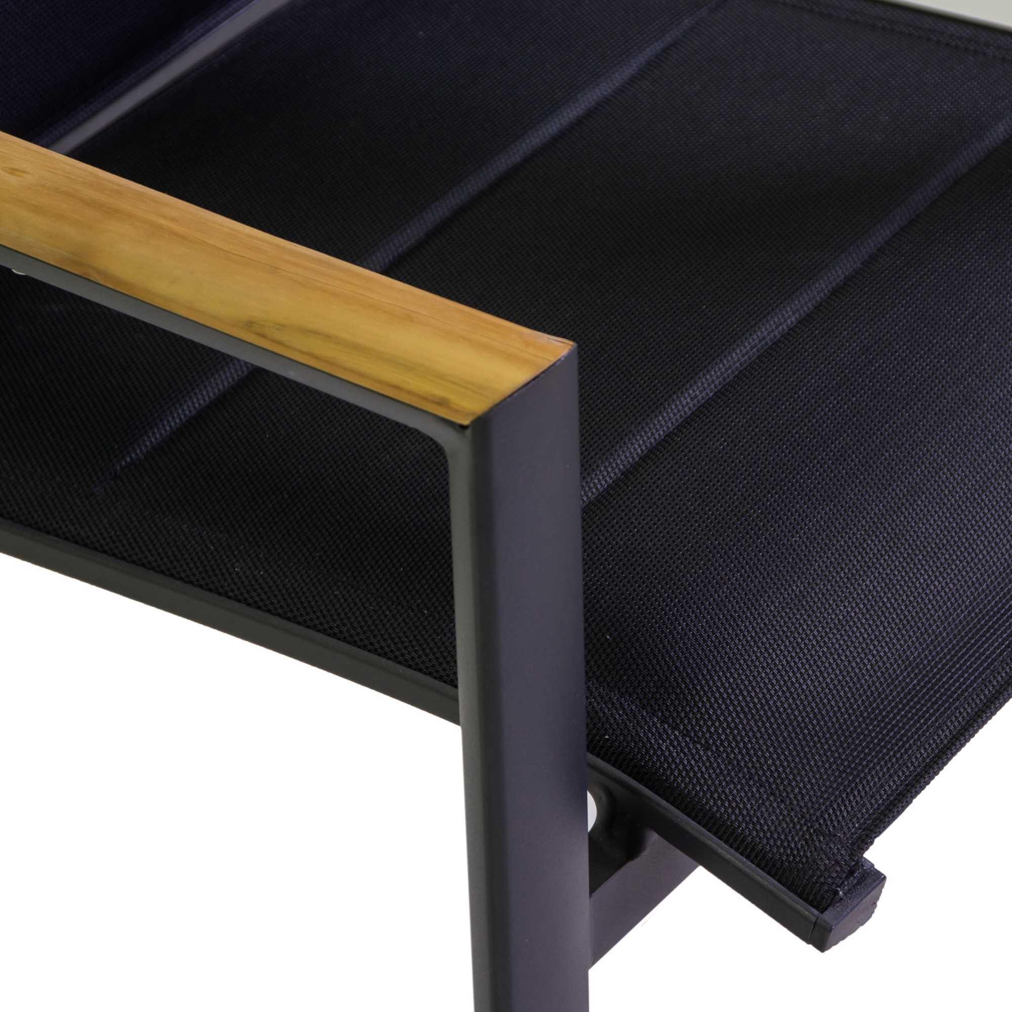 Poltrona Rachel Vacchetti in alluminio con textilene nero e teak 56x58h45/88