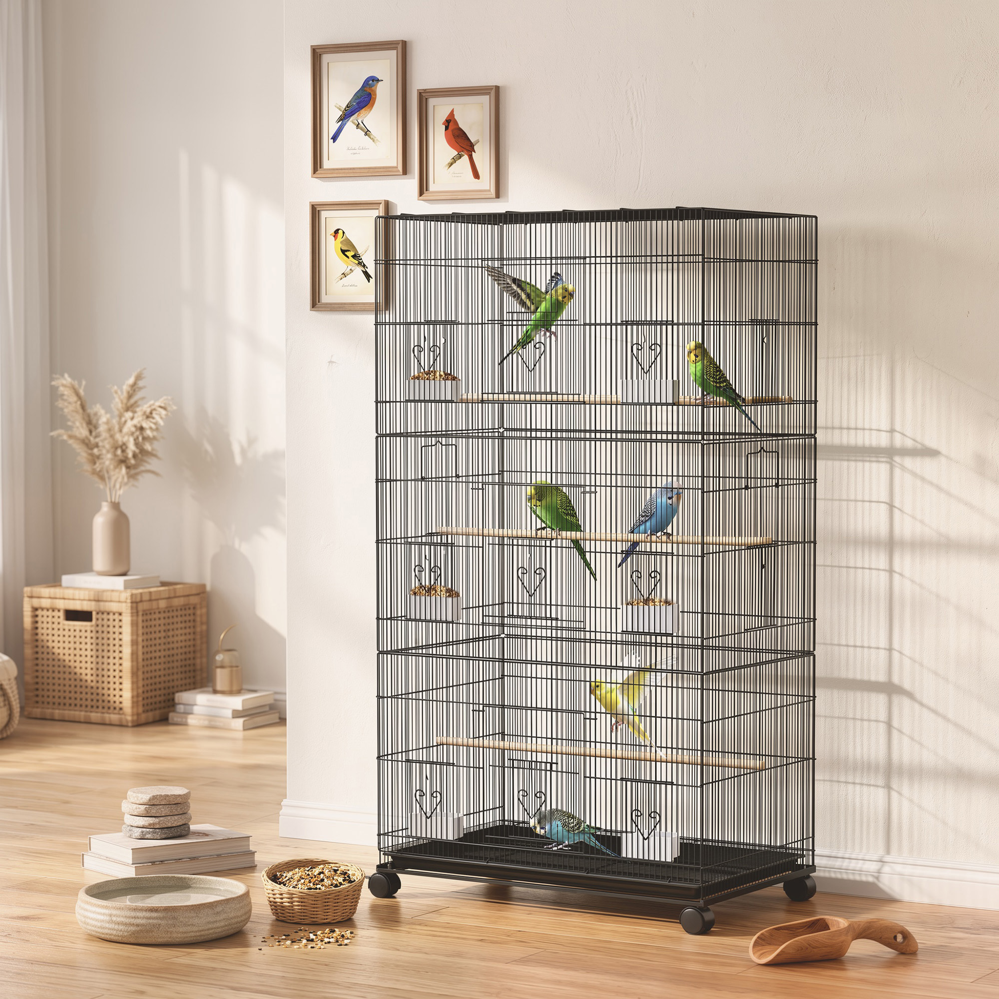 Cage à oiseaux - volière mobile - 3 portes, 10 trappes, mangeoires, perchoirs - noir