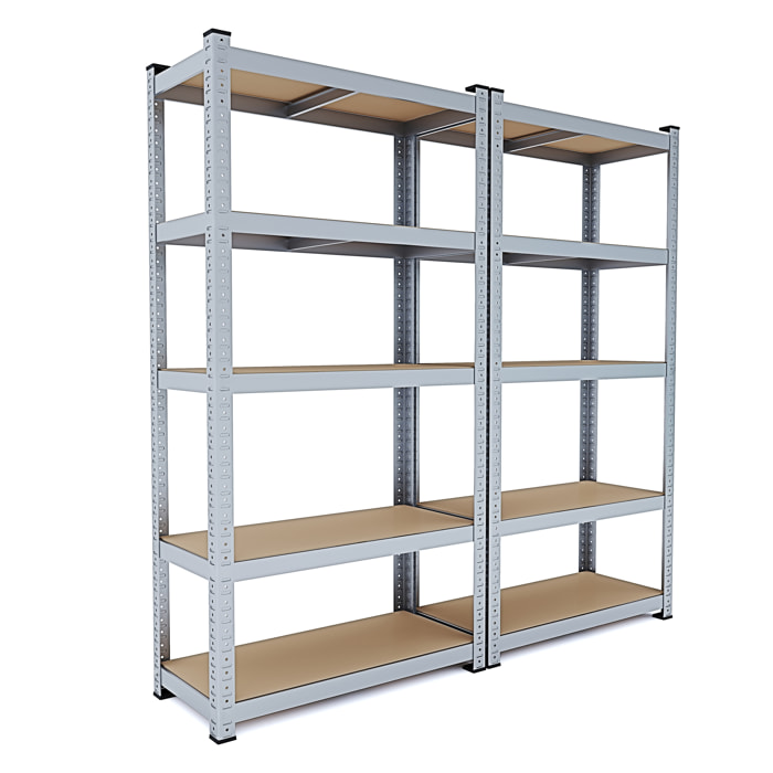 Set di 2 Scaffali In Metallo e MDF - Alta Portata Fino a 875 kg - 5 Ripiani Per Garage Officina Cantina Magazzino - Modulare - Argento - 180x90x40 cm