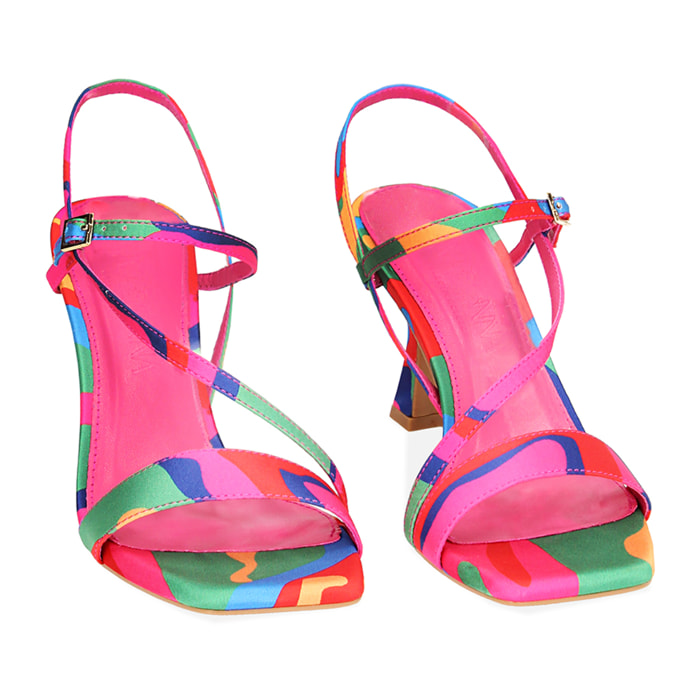 Sandali multicolor-verdi in raso, tacco 7,5 cm