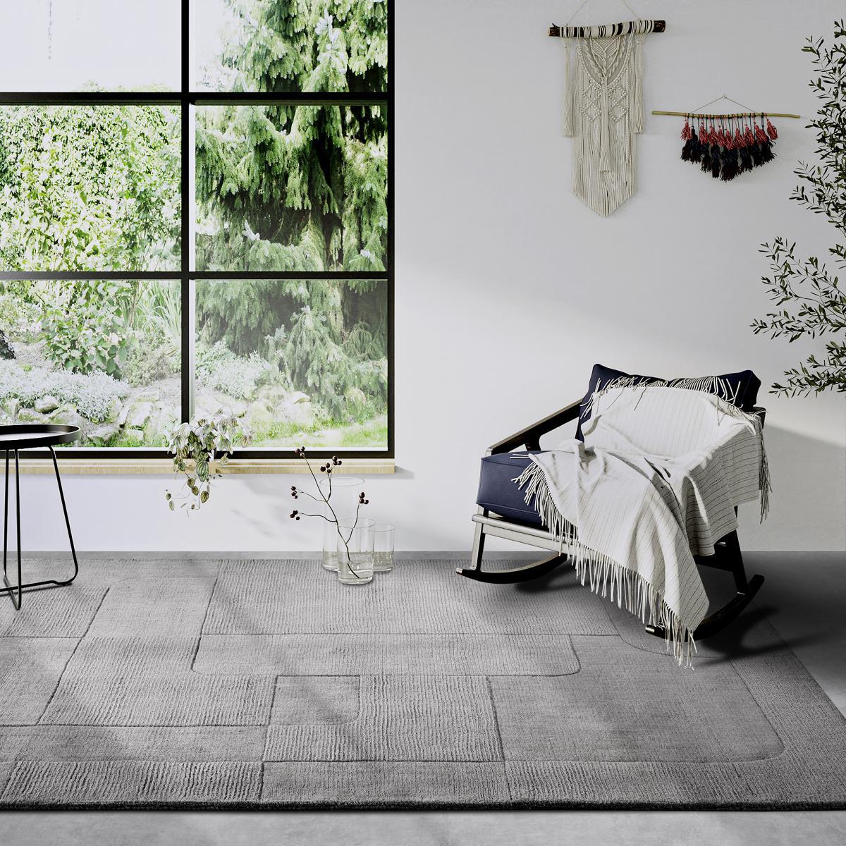 Tapis salon géométrique, laine tissé main, confort authentique