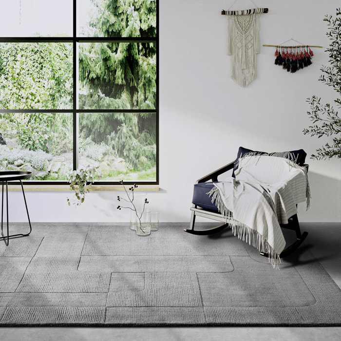 Tapis salon géométrique, laine tissé main, confort authentique