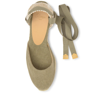 Alpargata de cuña 6 cm en lona de algodón con cintas al tobillo y talonera trenzada