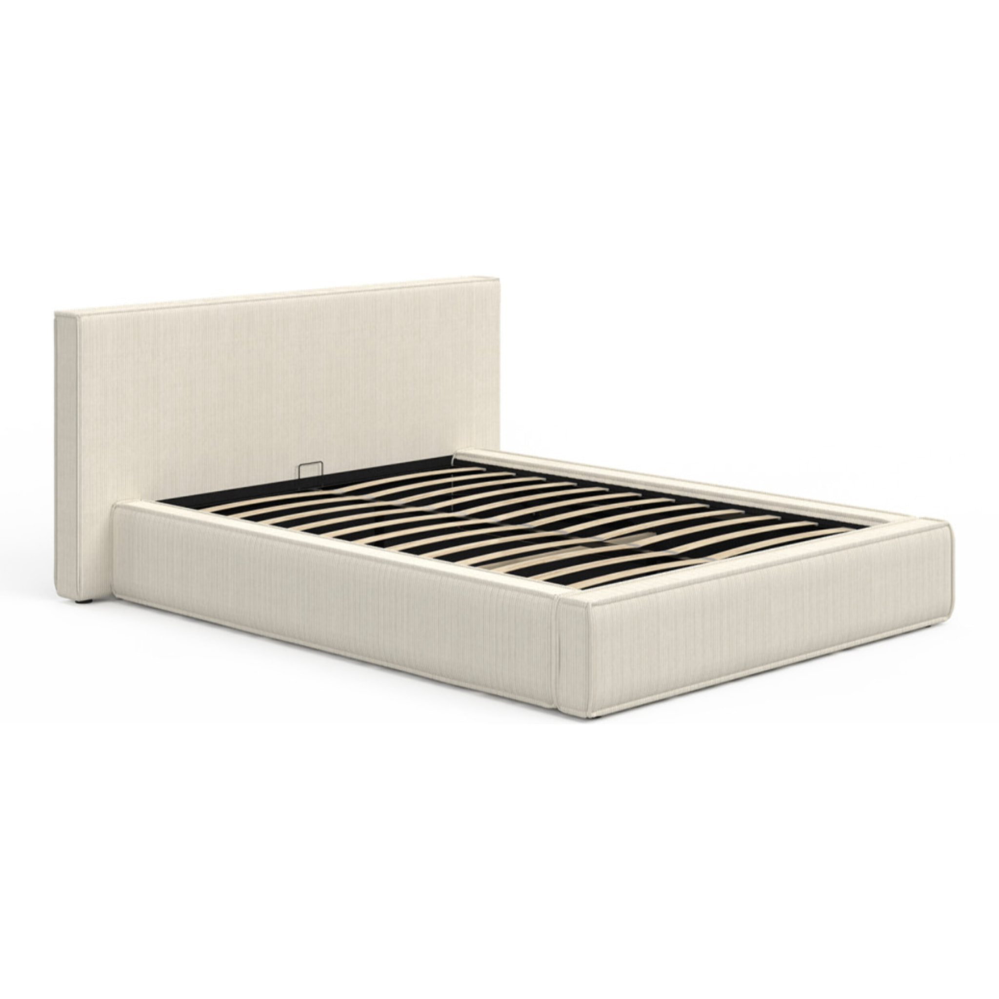 Lit coffre Joyce en velours côtelé beige avec sommier et tête de lit 140x190cm