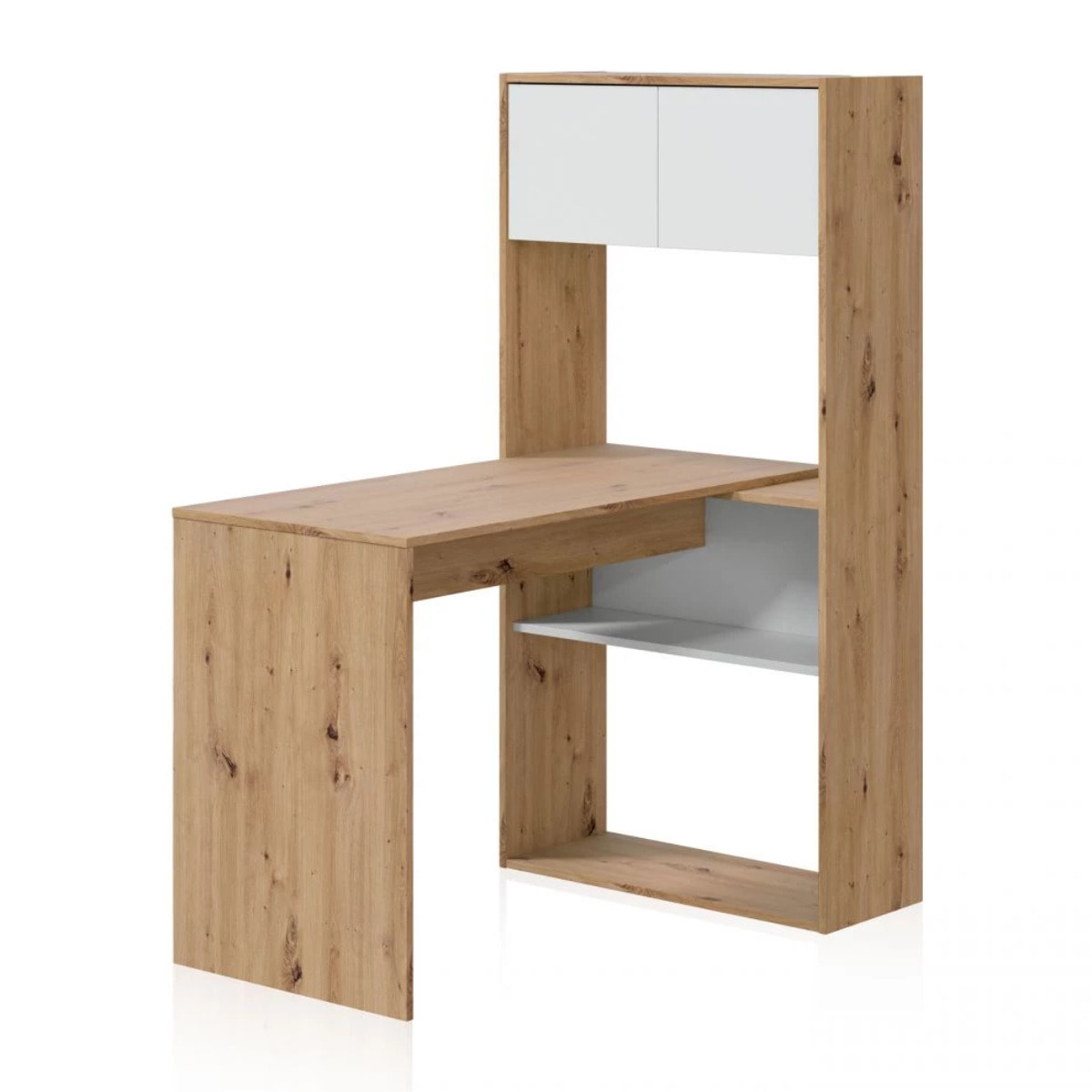 Mesa de escritorio con estantería Dess Blanco Artik (Blanco Mate) - Roble Nodi