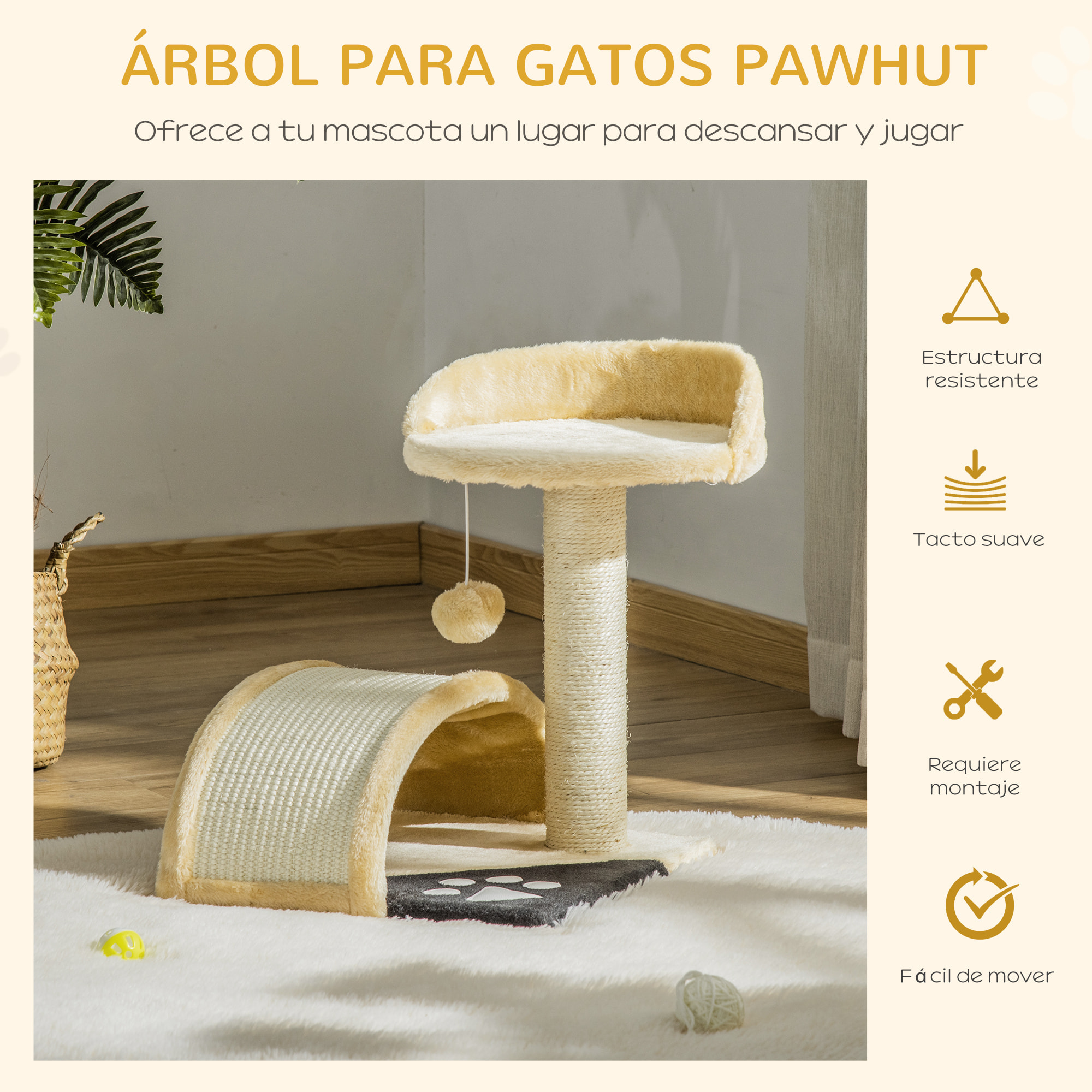 Árbol Rascador para Gatos Pequeño Altura 40 cm de 2 Niveles con Poste Tablero para Rascar Plataformas y Juguete de Bola Colgante 35,5x37x46 cm Beige