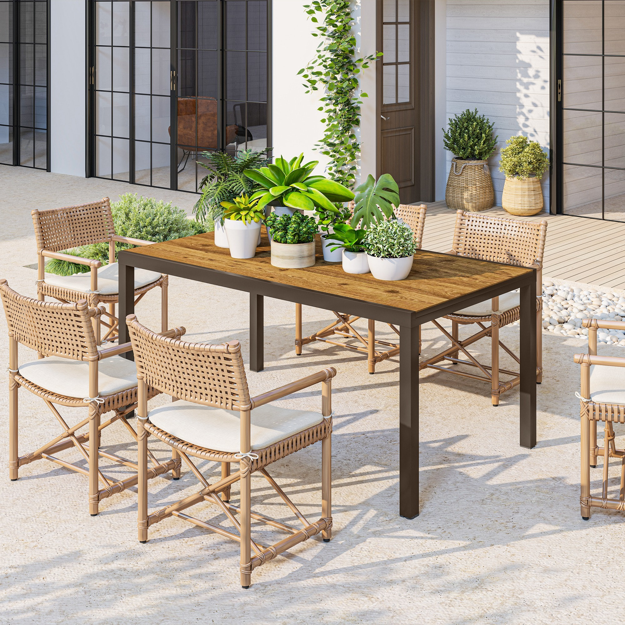 Mesa de Jardín Extensible Mesa de Comedor Exterior Ajustable 160-240 cm con Borde de Aluminio Carga 70 kg Mesa Rectangular para 6-8 Personas para Patio Terraza Marrón