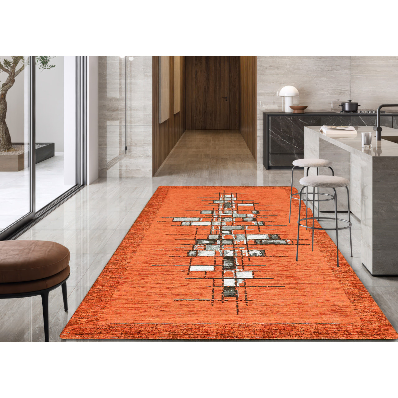 Tappeto Jacquard Ideale Cucina Ingresso Made In Italy Antiscivolo, Lavabile, Morbido Disegno Pixel Arancio By Suardi