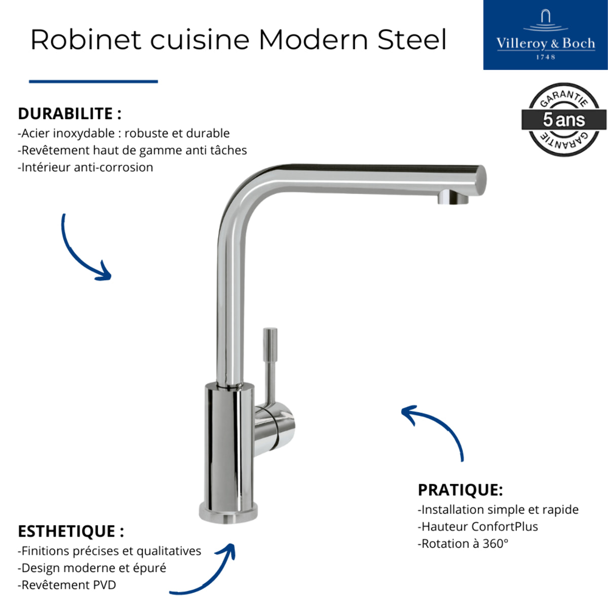 Robinet cuisine Modern Steel acier massif poli