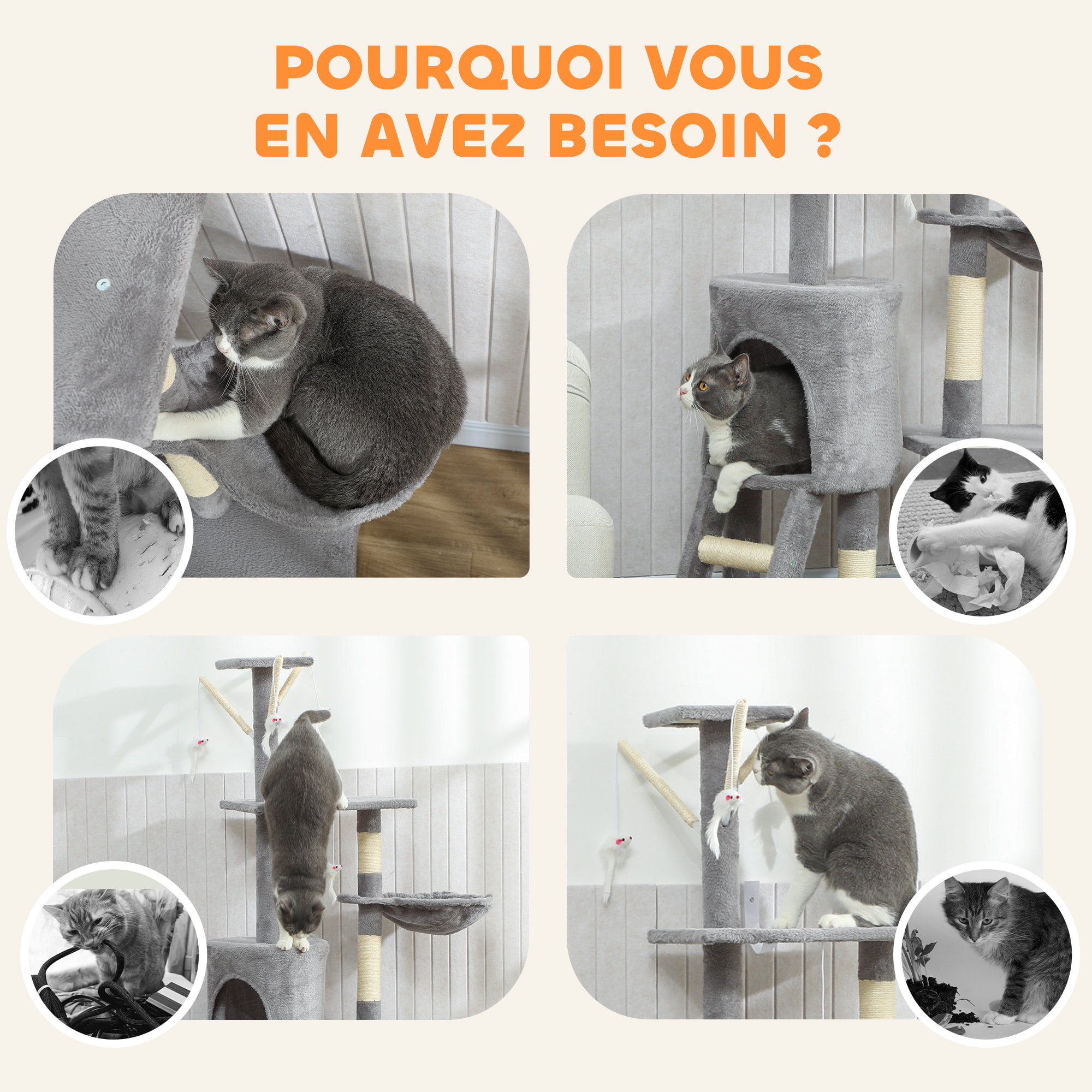 Arbre à chat multi-équipement griffoirs plateformes niche échelle hamac jouets gris