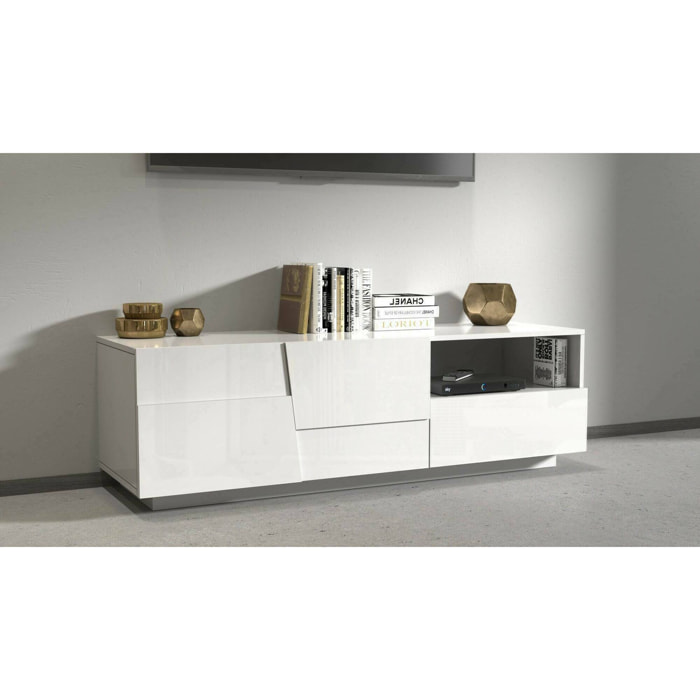 Mobile porta TV Dcoulibal, Credenza bassa da soggiorno con 2 ante e 1 cassetto, Base porta TV, 150x44h46 cm, Bianco lucido