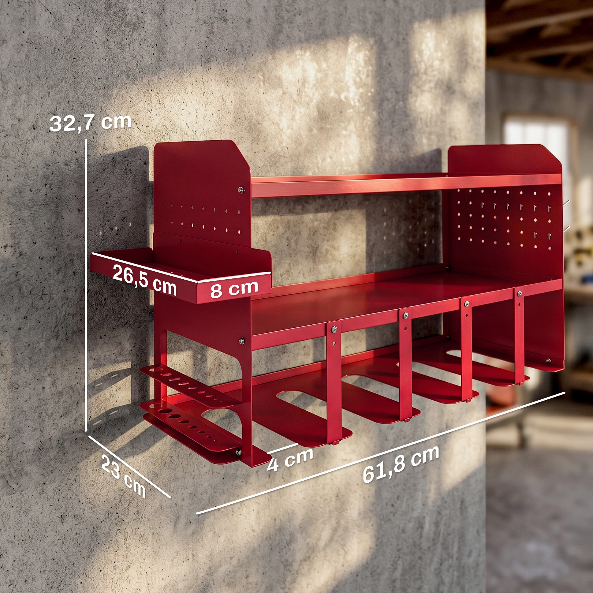 Organizador de Herramientas Eléctricas de Jardín, Estante de Almacenamiento de Pared de 2 Niveles para 5 Taladros, Soporte de Metal con Bandeja Lateral y 4 Ganchos, para Garaje,Taller, Rojo