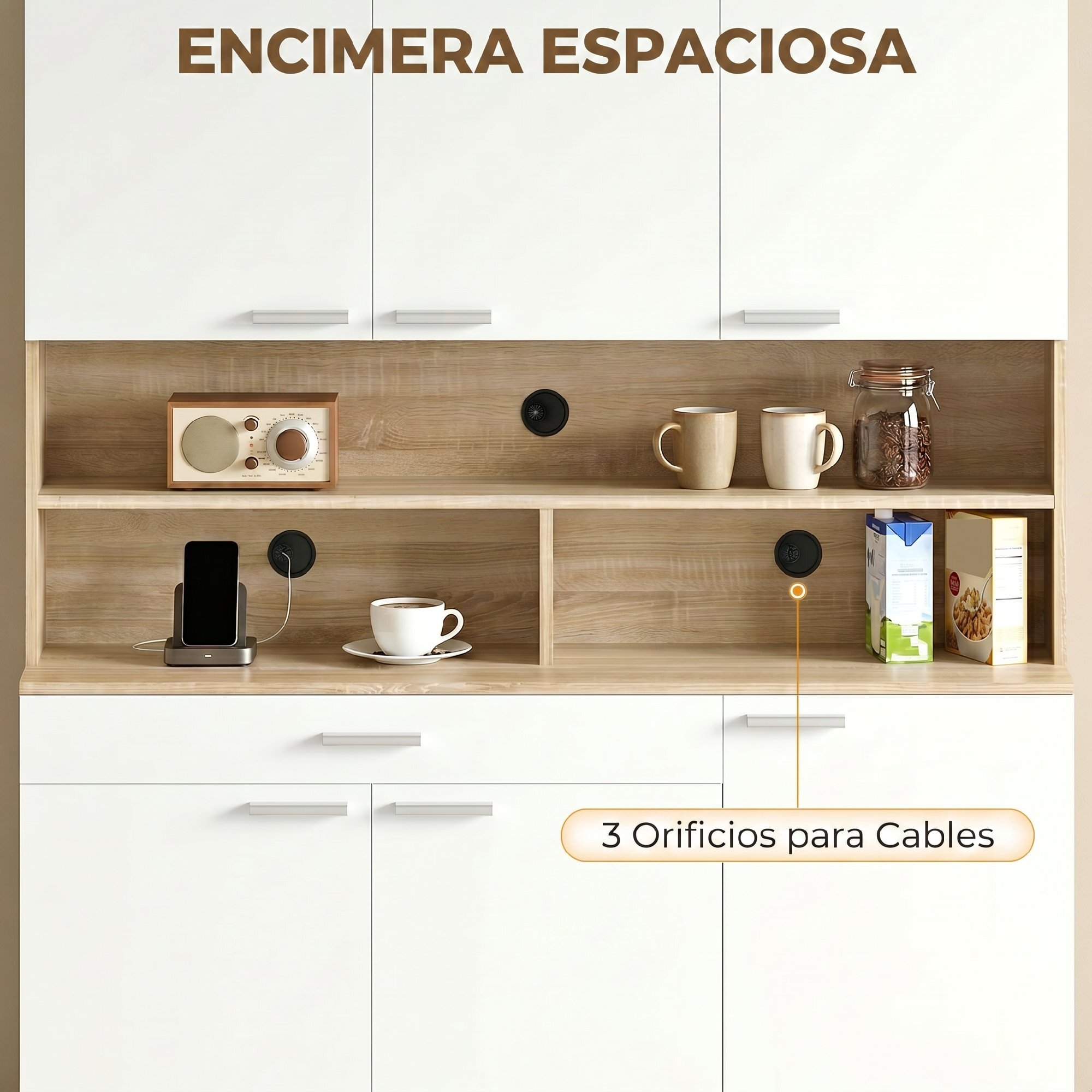 Alacena de Cocina Alta, Mueble Auxiliar de Cocina con 6 Puertas y Gran Cajón, Estantes, Encimera Amplia para Microondas, para Comedor, Salón, 120x40x175 cm, Blanco y Natural