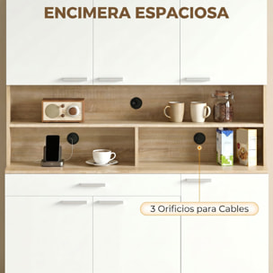 Alacena de Cocina Alta, Mueble Auxiliar de Cocina con 6 Puertas y Gran Cajón, Estantes, Encimera Amplia para Microondas, para Comedor, Salón, 120x40x175 cm, Blanco y Natural