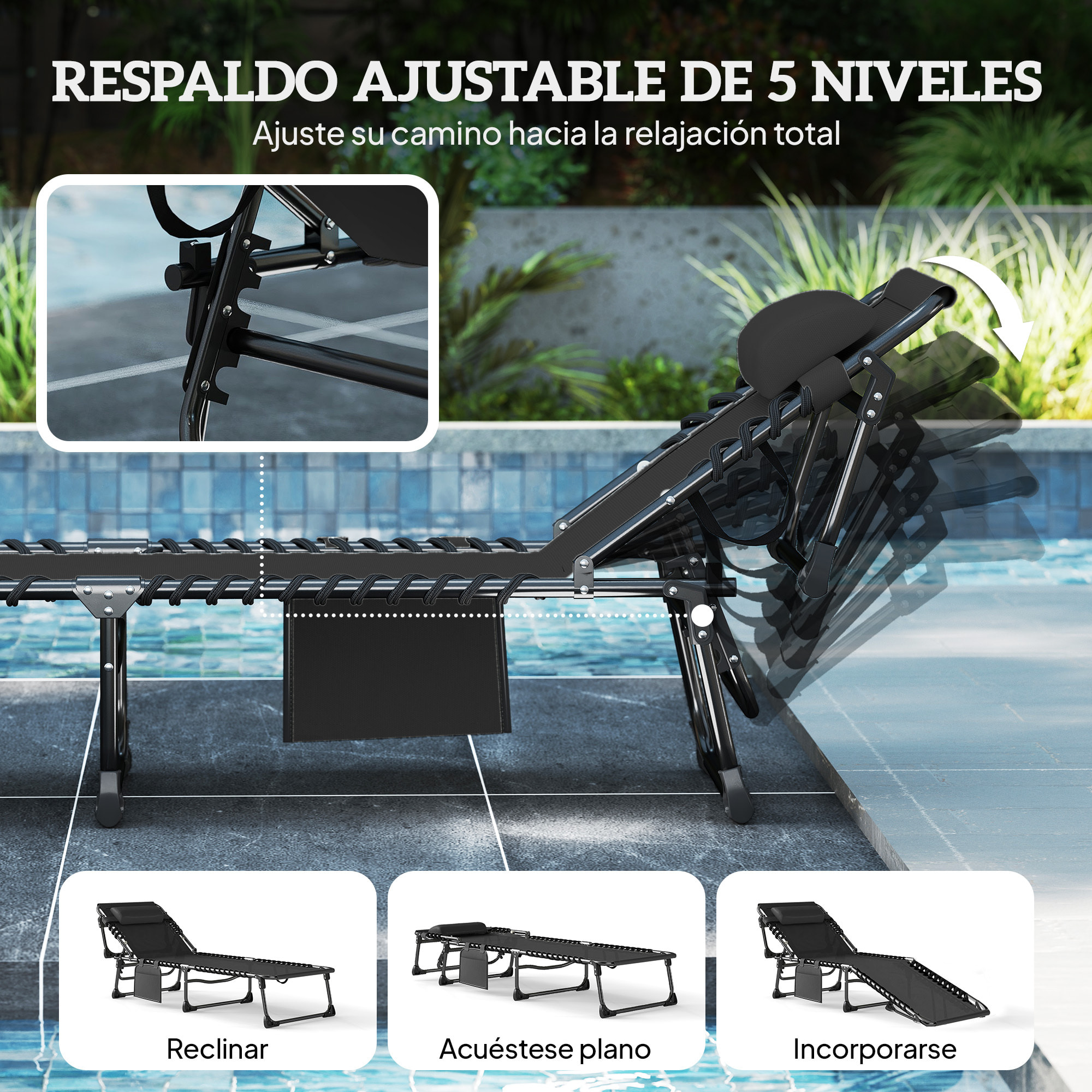 Set de 2 Tumbonas Jardín Exterior, Tumbonas Plegables con Reposacabezas y Bolsillo Lateral, Respaldo Reclinable 5 Posiciones y Asiento de Malla Transpirable para Playa, Piscina, Negro