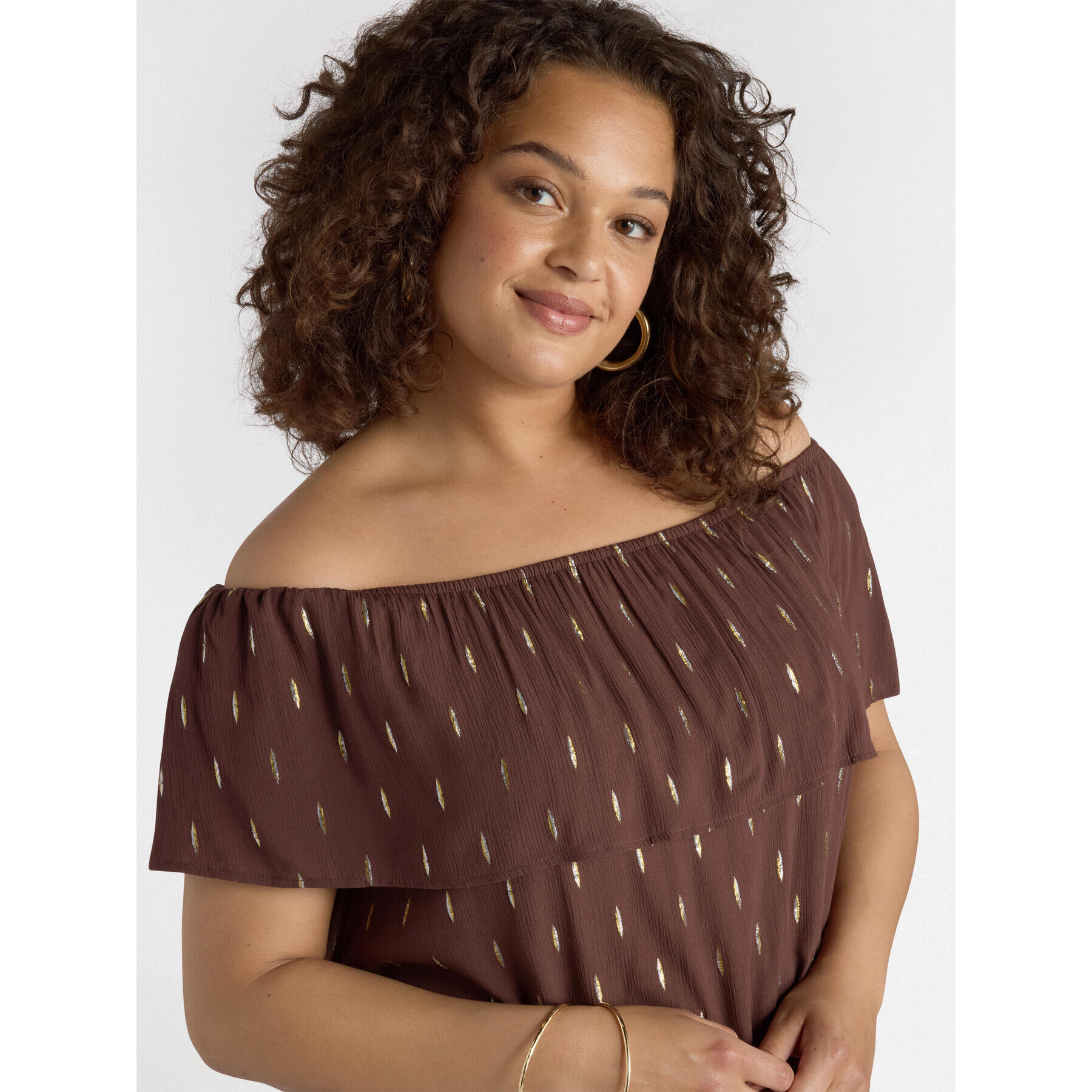Fiorella Rubino - Vestido de lúrex con hombros descubiertos - Marrón
