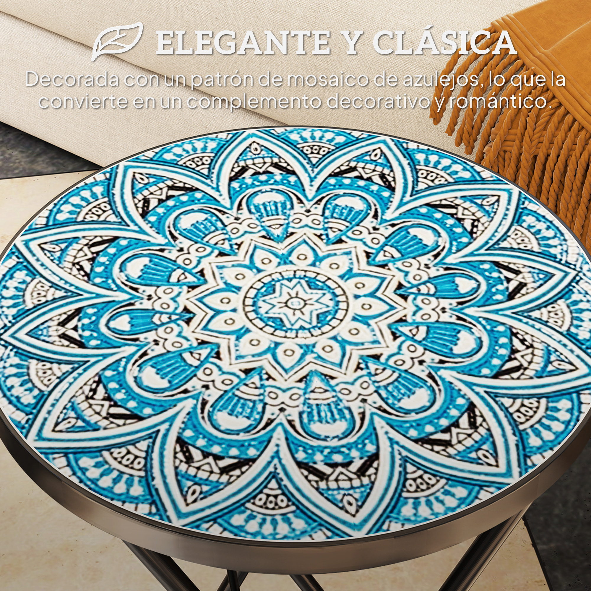 Mesa Auxiliar Redonda Mesa de Jardín Exterior Plegable con Encimera de Mosaico y Almohadillas Antideslizantes Mesa para Exterior Terraza Patio Ø35,5x55 cm Azul