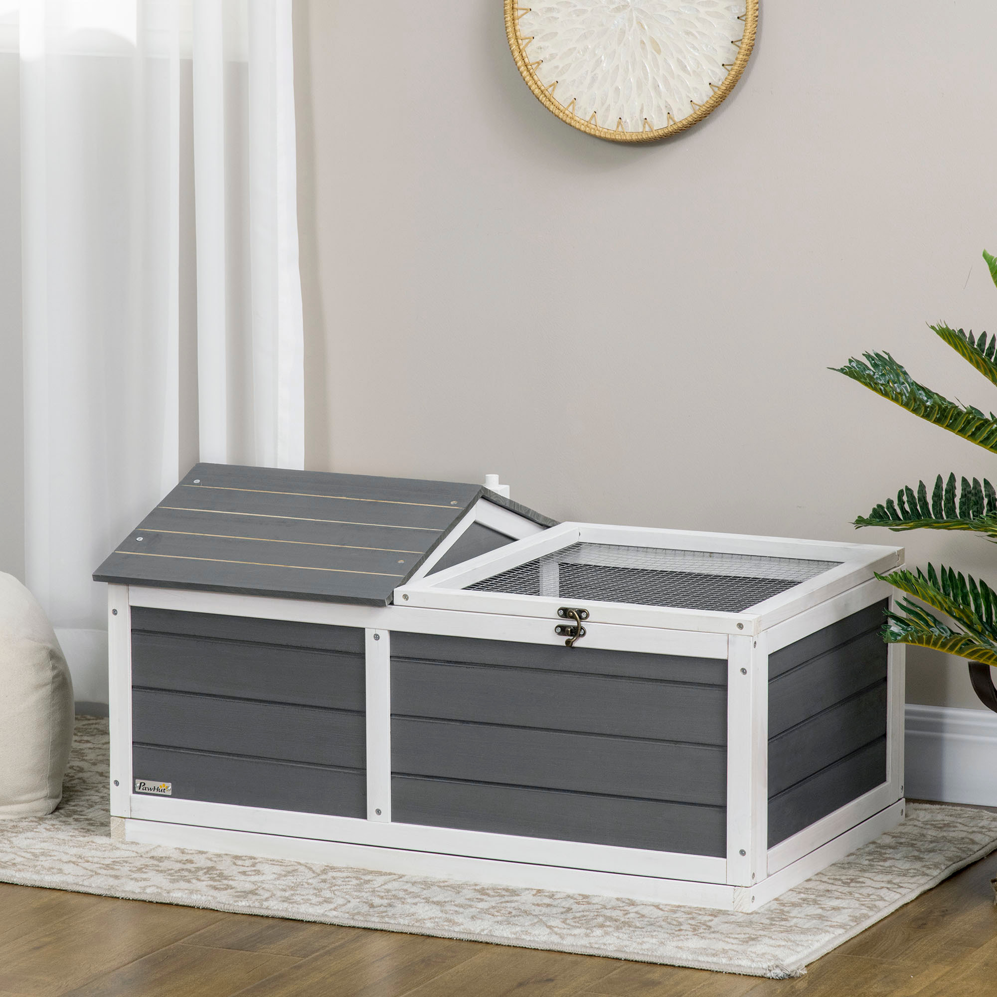 Enclos pour tortue - parc pour tortue - niche, enclos extérieur grillagé, toit ouvrant verrouillable - sapin gris blanc