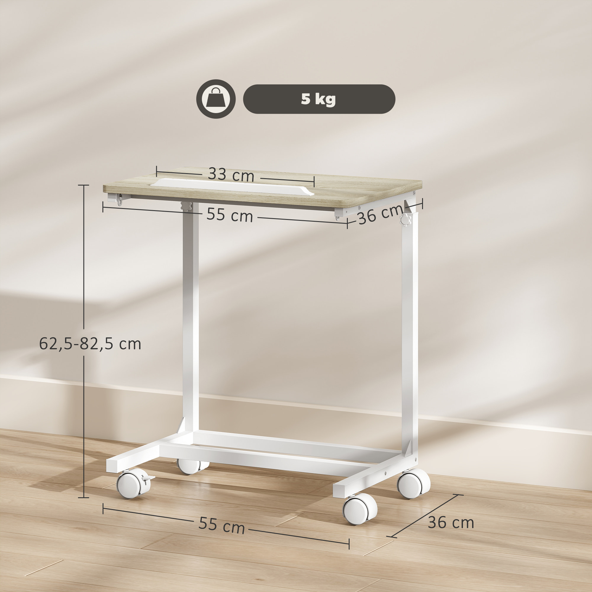 Table de lit mobile - table pour ordinateur portable - hauteur réglable, plateau inclinable - métal blanc effet bois