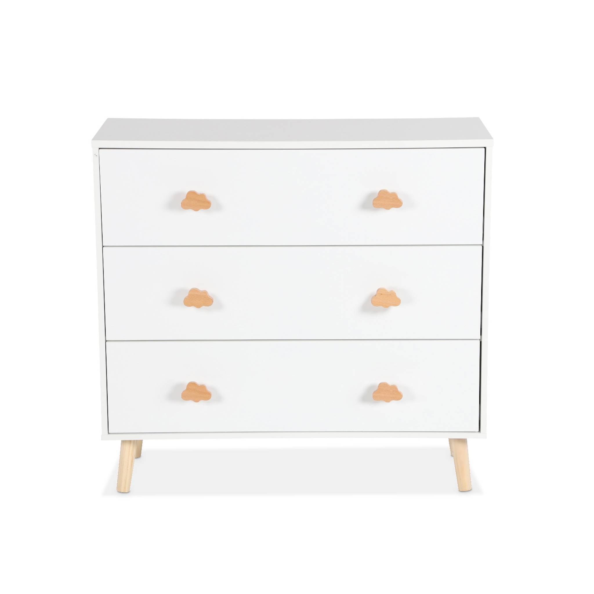 Commode enfant. décor bois. blanc. 3 tiroirs. pieds et poignées nuage en pin