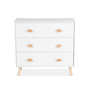 Commode enfant. décor bois. blanc. 3 tiroirs. pieds et poignées nuage en pin