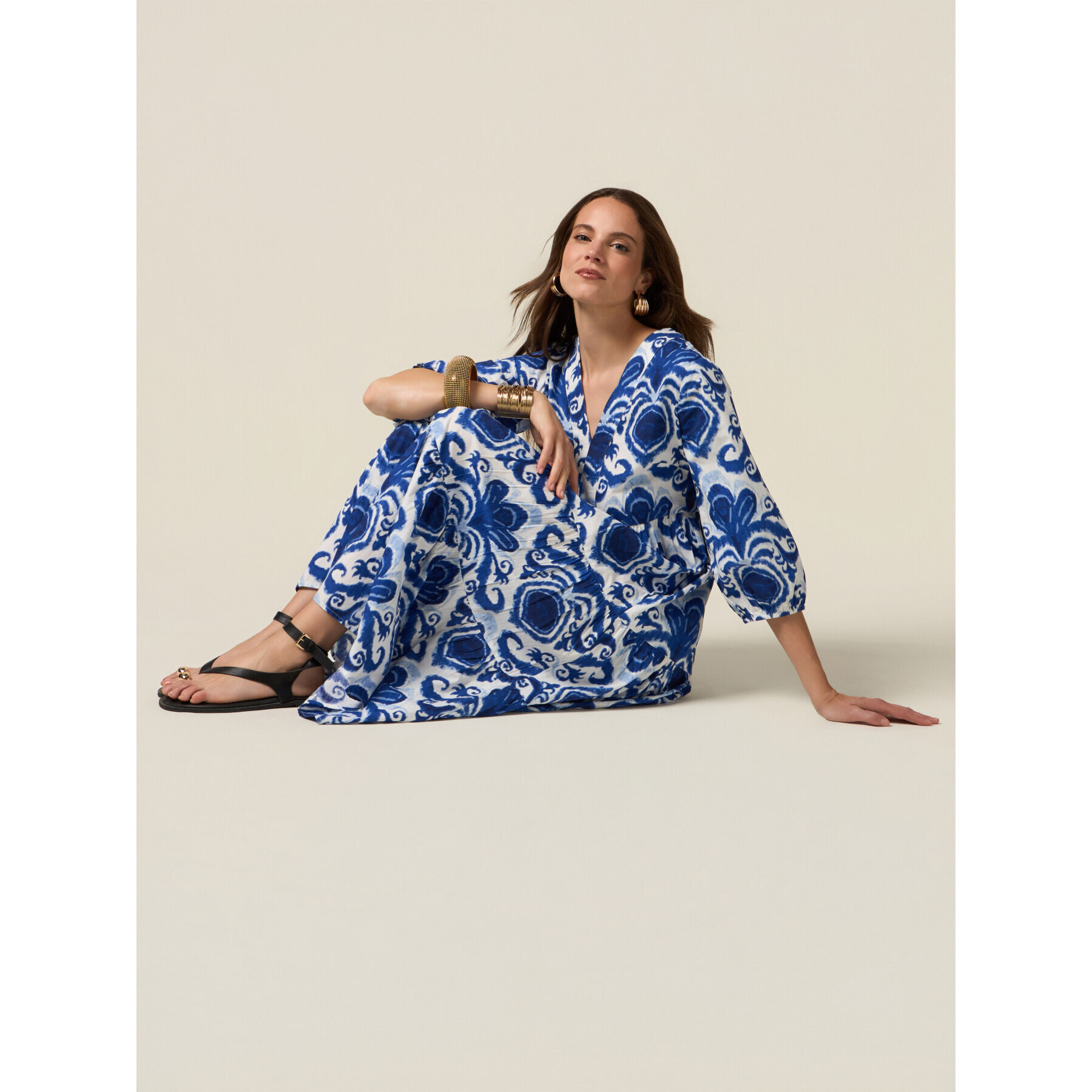 Oltre - Chemisier midi in cotone fantasia - Blu