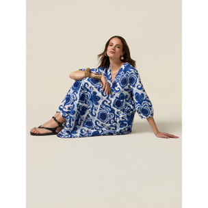 Oltre - Chemisier midi in cotone fantasia - Blu