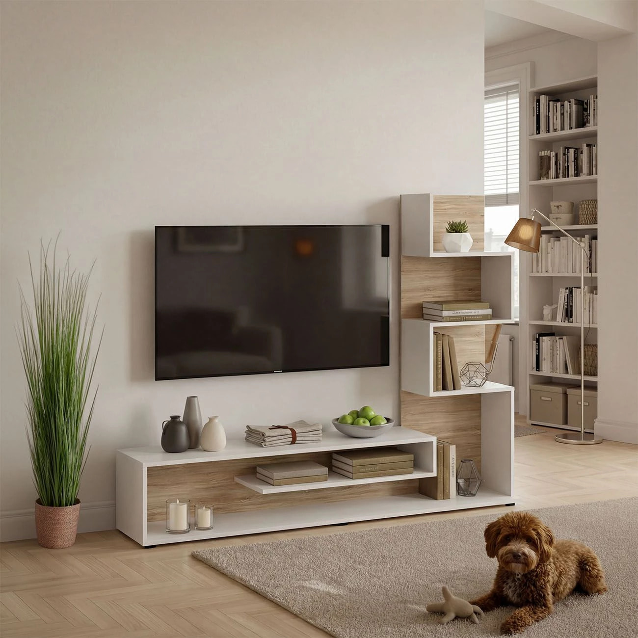 Mueble de salón Moobi en color blanco artik roble canadian y medidas 160 x 124 cm Blanco Artik (Blanco Mate) - Roble Canadian