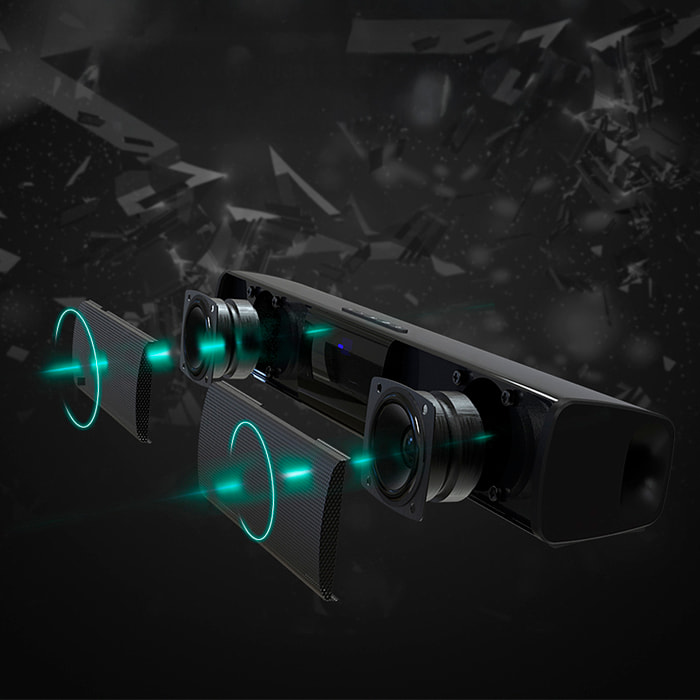 Soundbar 2.0 BS-28A. Bluetooth 4.2, ingresso USB, ausiliario, Micro SD e radio FM. Batteria integrata da 2000mAh.