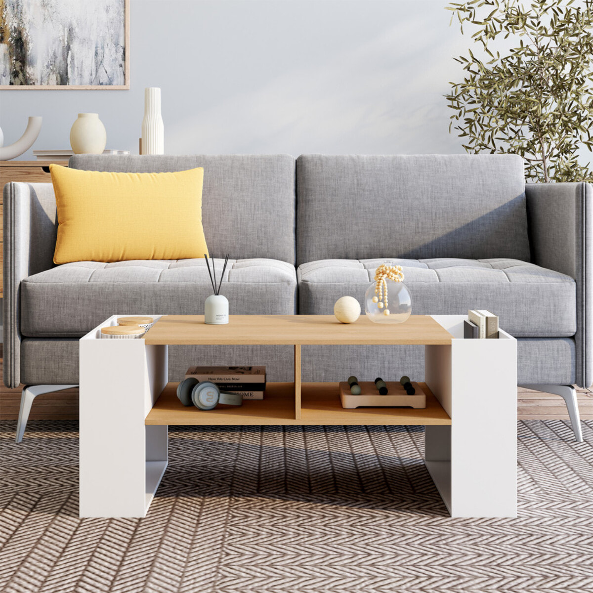 Table basse avec niches bois et blanche