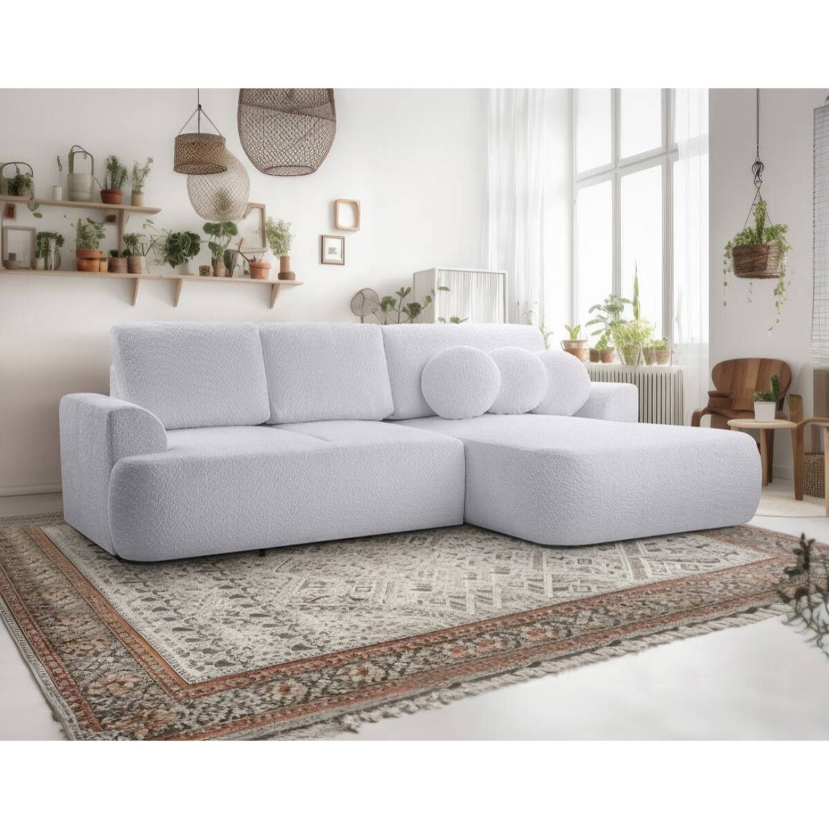 Candela - canapé d'angle droit 4 places - convertible avec coffre - en tissu bouclette - Gris clair