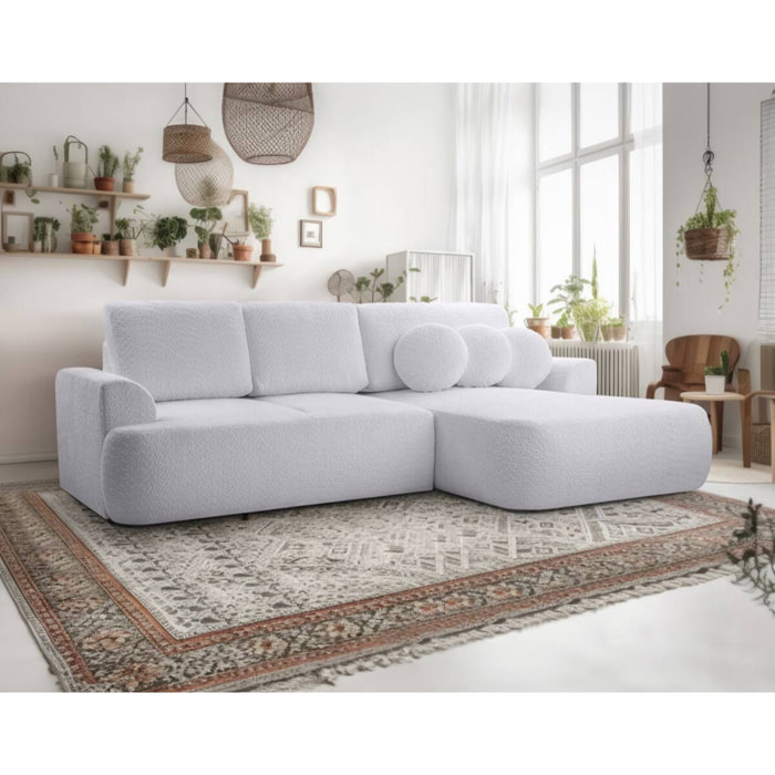 Candela - canapé d'angle droit 4 places - convertible avec coffre - en tissu bouclette - Gris clair
