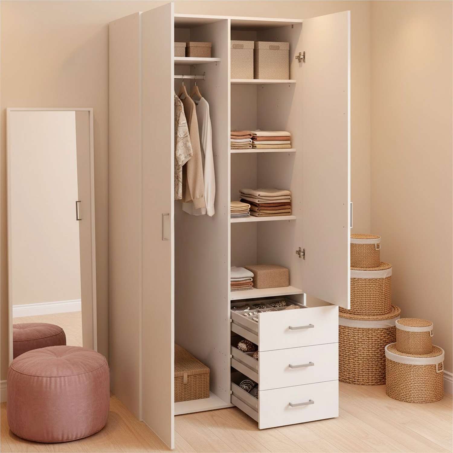 Armadio Con 2 Ante e 3 Cassetti Armadietto Multiuso Design Moderno Salvaspazio Vano Con Barra Appendiabiti E Ripiani 77.6 x 49.5 x 175.4 Cm Bianco