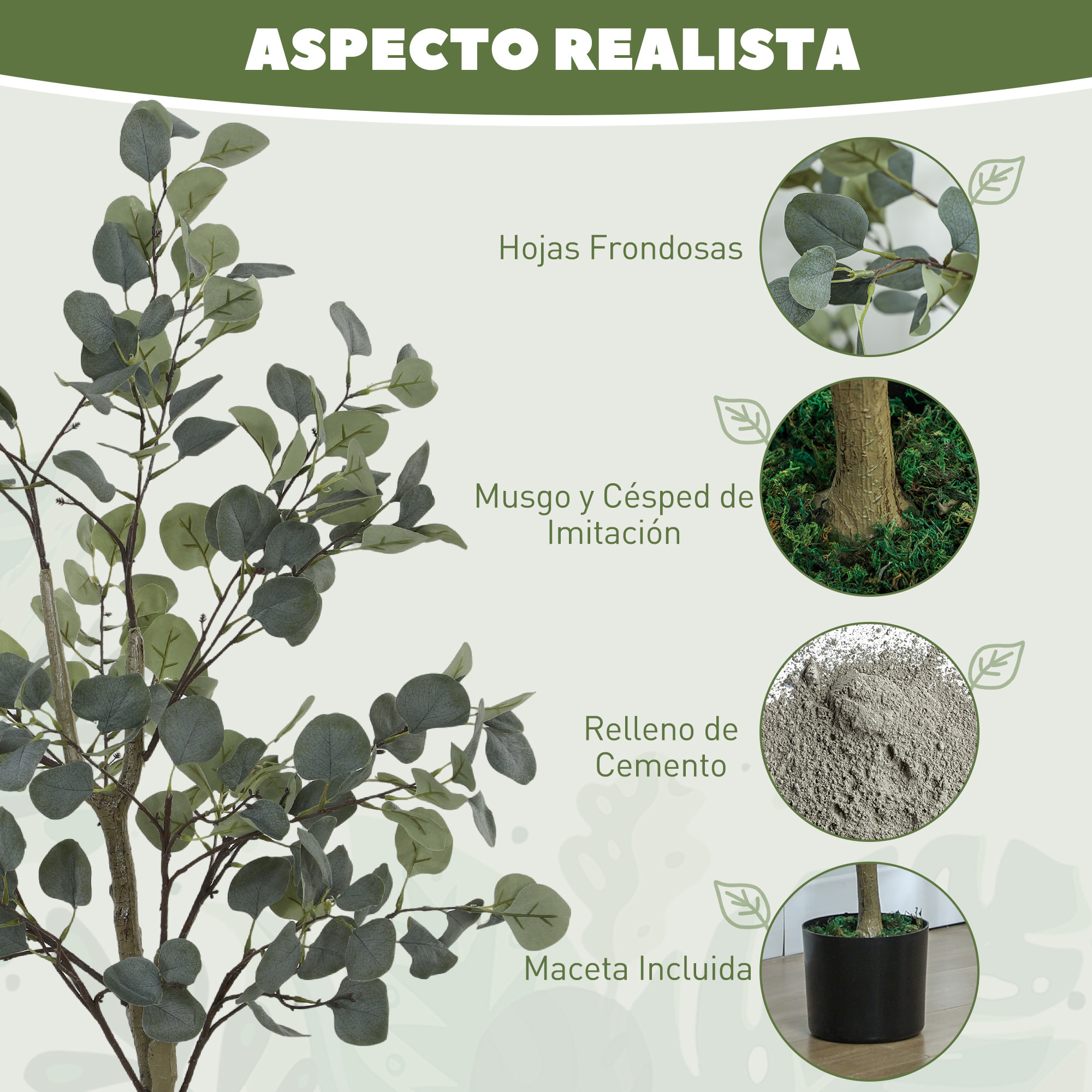 Planta Artificial Decorativa Grande 120 cm Eucalipto Artificial Árbol Sintético de Interior con 230 Hojas Decoración para Hogar Oficina Balcón Dormitorio Verde