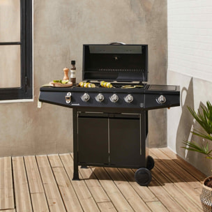 Barbecue gaz 4 brûleurs + 1 feu latéral avec roues, tablettes et thermomètre TREVILLE 4