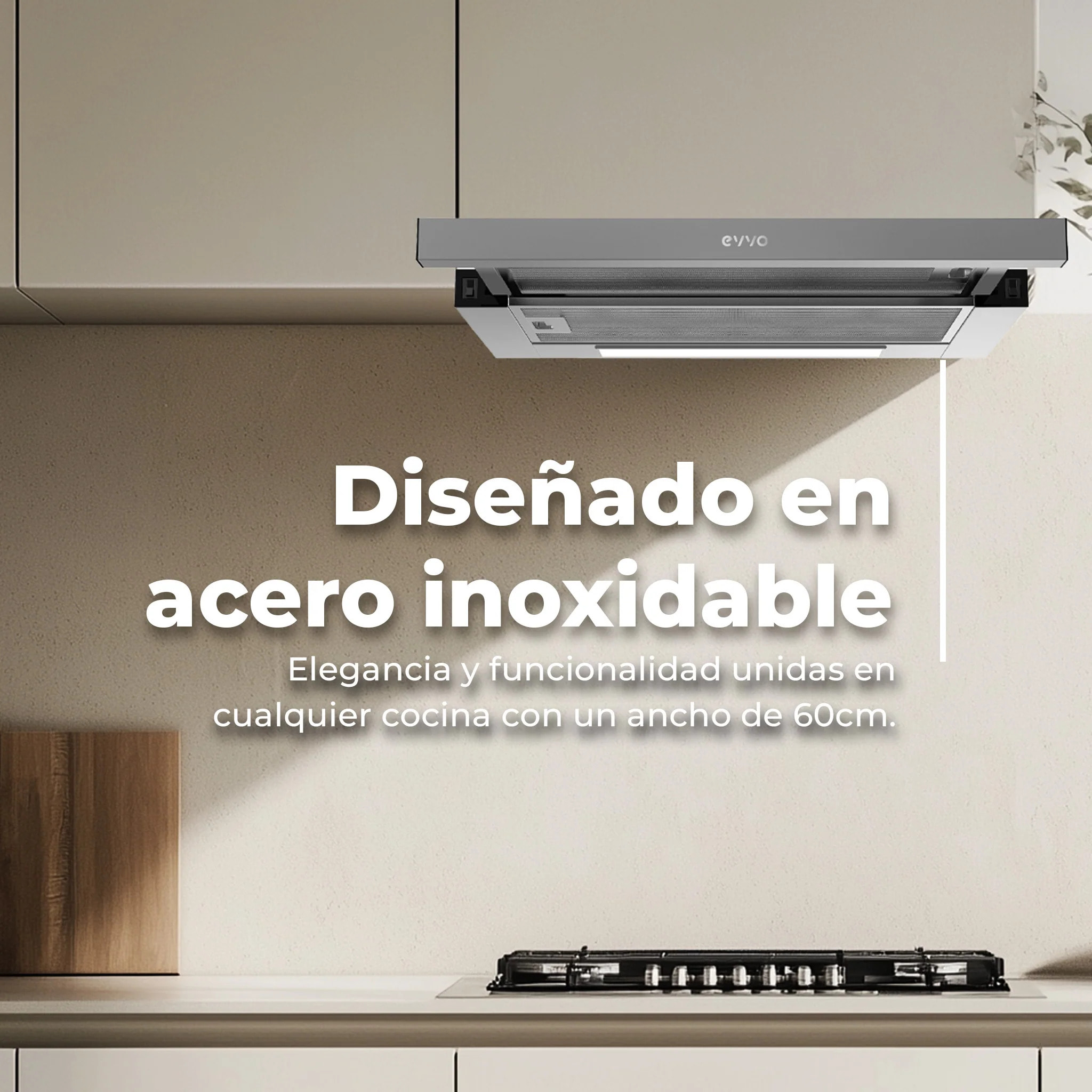 EVVO Campana telescópica CE10 60 cm, 350 m³/h, 2 velocidades, LED, filtro aluminio 3 capas y carbón activo, eficiencia A, inox