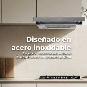 EVVO Campana telescópica CE10 60 cm, 350 m³/h, 2 velocidades, LED, filtro aluminio 3 capas y carbón activo, eficiencia A, inox