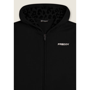 Tuta con interno cappuccio animalier e spacchi laterali