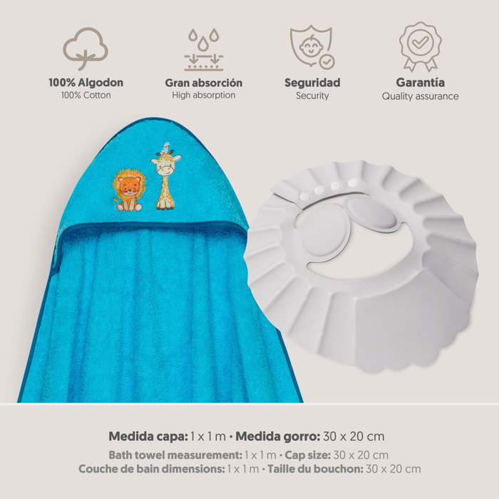 Capa Baño 1X1 Mod Leon Jirafa Pajarito+Gorro Turquesa