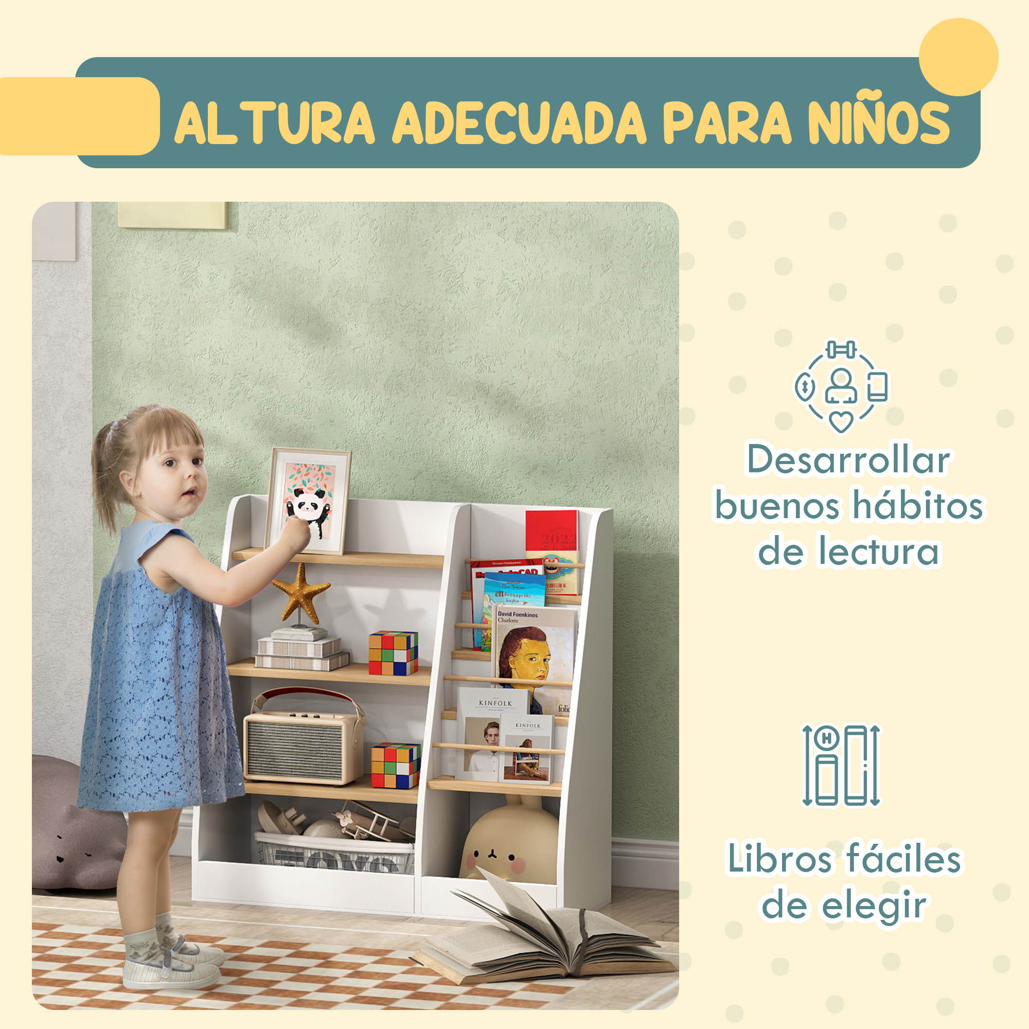 Librería Infantil Estantería para Libros Infantil de 4 Niveles Estantería Infantil con 4 Estantes y Compartimentos para Guarderías Habitación Infantil Blanco
